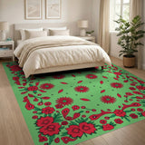 Vibrant Red Floral Blooms Green Area Rug