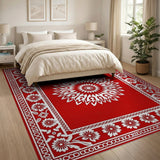 Red Traditional Persian Rug with White Floral Medallion