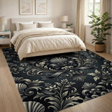 Ornate Black White Scallop Floral Damask Rug