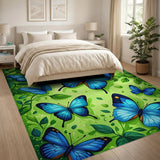 Vibrant Blue Butterflies Lush Green Leaves Area Rug