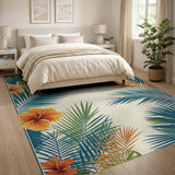 Tropical Palm Fronds Hibiscus Blooms Area Rug