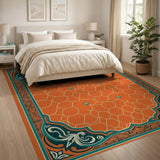 Orange Hexagonal Geometric Rug with Teal Border