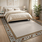 Beige Area Rug with Ornate Floral Border