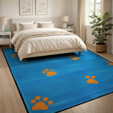 Playful Orange Paw Prints Blue Area Rug