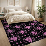 Pink Damask Floral Area Rug on Black