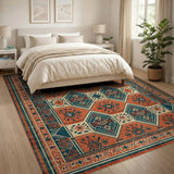 Terracotta Teal Heritage Tribal Area Rug