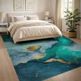 Emerald Teal Gold Fluid Abstract Area Rug