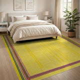 Vibrant Yellow Woven Area Rug with Rainbow Border