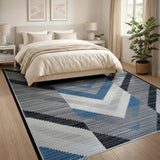 Modern Grey Chevron Rug with Blue Accents