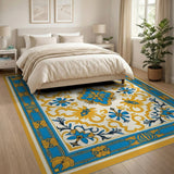 Ornate Blue Gold Floral Medallion Rug