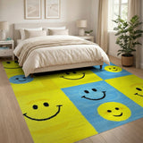 Cheerful Yellow Blue Smiley Faces Kids Area Rug