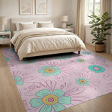 Whimsical Teal Flowers on Pink Area Rug