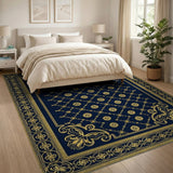 ODIKA Washable Navy & Gold Vintage Medallion Area Rug - Low Pile Non-Slip Traditional Carpet
