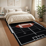 Black and White Football Field Area Rug with Centered Ball