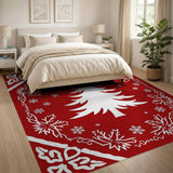 Festive White Christmas Tree on Red Snowflakes Rug