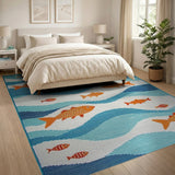 Playful Orange Fish in Blue Teal Waves Rug