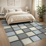 Geometric Grid Grey Blue Area Rug
