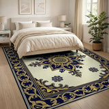Navy Blue and Gold Ornate Medallion Area Rug