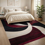 ODIKA Modern Abstract Washable Area Rug, Burgundy & Black Low Pile Non-Slip Carpet