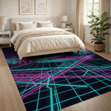 ODIKA Retro Synthwave Neon Grid Washable Area Rug - 80s Cyberpunk Non-Slip Low Pile Decor