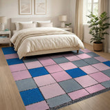Vibrant Blue Pink Gray Geometric Tile Area Rug