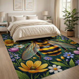 ODIKA Whimsical Bumblebee & Floral Garden Washable Area Rug - Low Pile Non-Slip