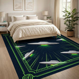 Retro Sci-Fi UFO Washable Area Rug - Neon Green Space Design