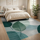 Teal Green Leaf Circles Abstract Area Rug