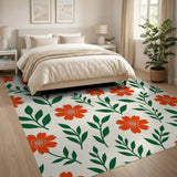 Vibrant Red Floral Leaf Pattern Area Rug