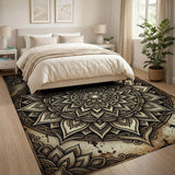 Distressed Black Mandala Lotus Area Rug