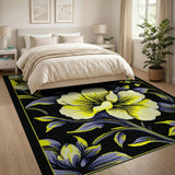 Vibrant Yellow Hibiscus Floral Area Rug on Black
