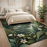 Lush Green Ferns and White Blossoms Area Rug