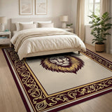 Majestic Lion Head Area Rug with Ornate Gold Border