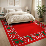 Festive Red Holly Leaf Border Area Rug