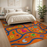 Orange Kids Cartoon Road Map Area Rug