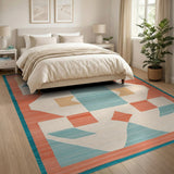 Teal Geometric Coral Border Area Rug