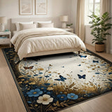 ODIKA Washable Vintage Butterfly & Floral Navy Gold Low Pile Area Rug