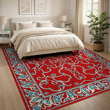 Elegant Red Persian Area Rug with Blue Floral Motifs