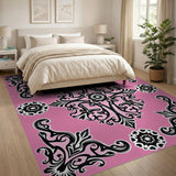 Pink Black Ornate Damask Area Rug