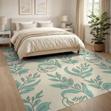 Teal Leaf Floral Pattern Area Rug
