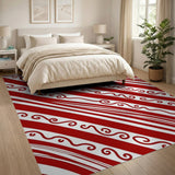 Red White Diagonal Swirl Stripe Area Rug