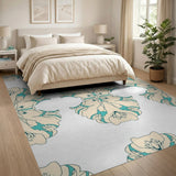 Teal on Cream Ornate Floral Area Rug