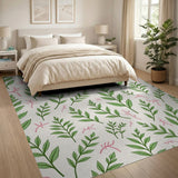 Green Fern Leaves Pink Twig Area Rug