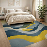 Yellow Sun Over Wavy Blue Mountains Abstract Rug