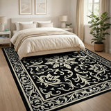 ODIKA Washable Ornate Floral Medallion Area Rug - Black & Cream Low Pile Non-Slip Rug