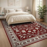Red Persian Floral Area Rug with Ornate Ivory Border