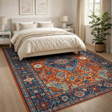 Vibrant Orange Persian Area Rug with Navy Borders