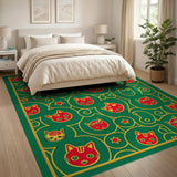 Multi-color and Patterns Playful Cartoon Cat Faces Green Area Rug