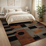 Modern Geometric Abstract Area Rug in Black Grey Brown