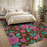 Vibrant Pink Roses Teal Leaves Floral Area Rug